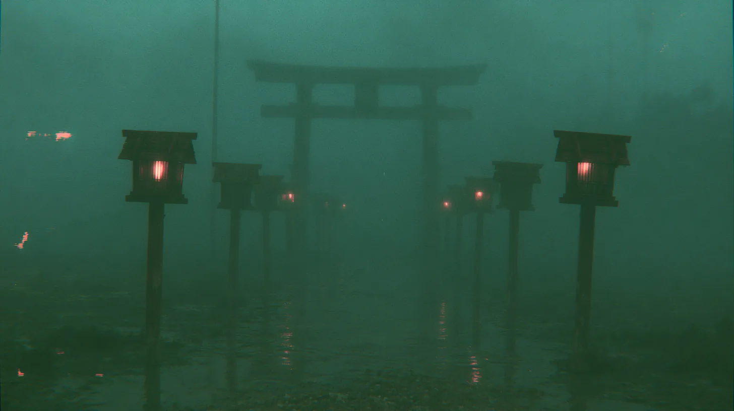 霧に沈む水没参道